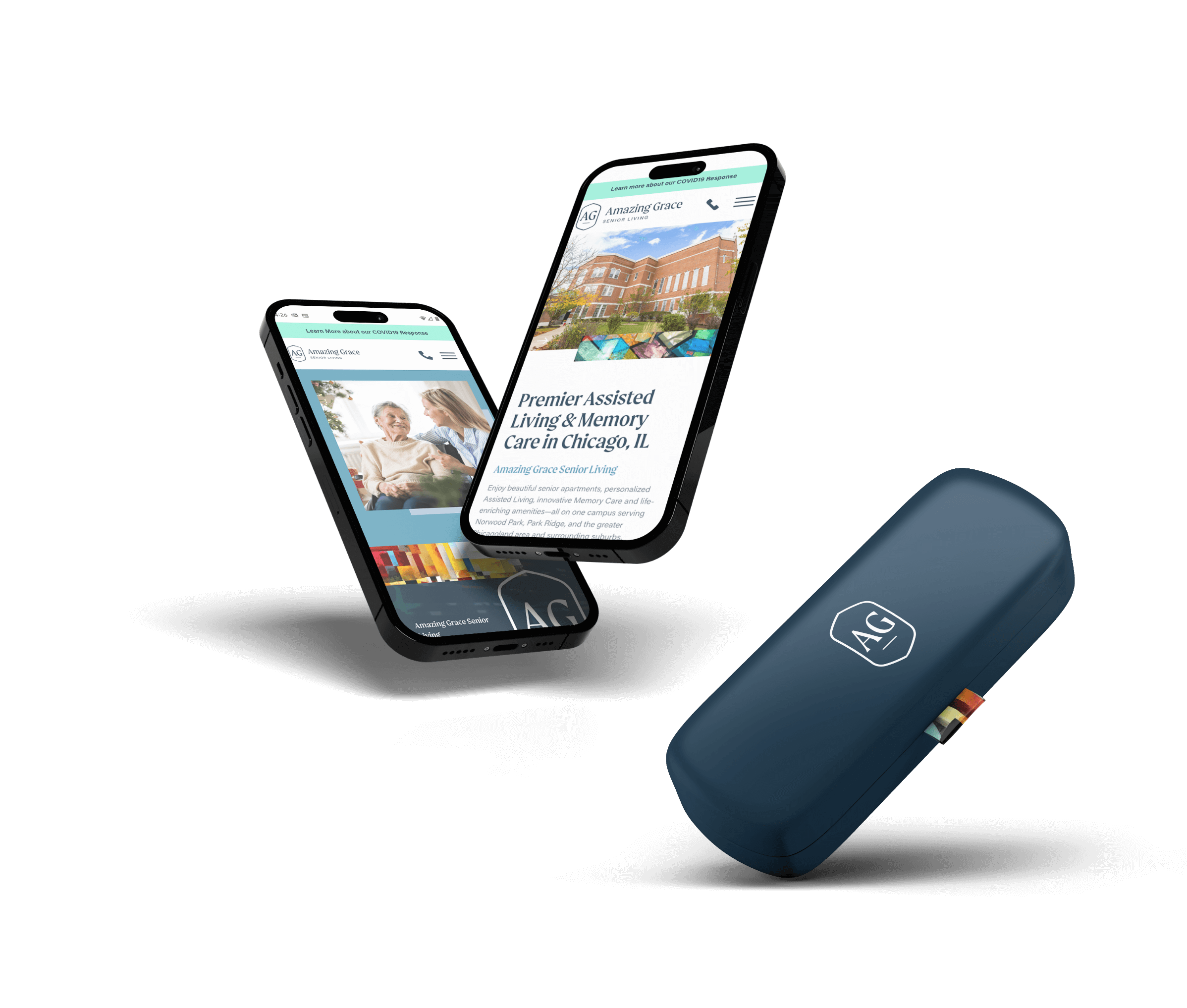 amazing grace branded glasses case on website on two phones
