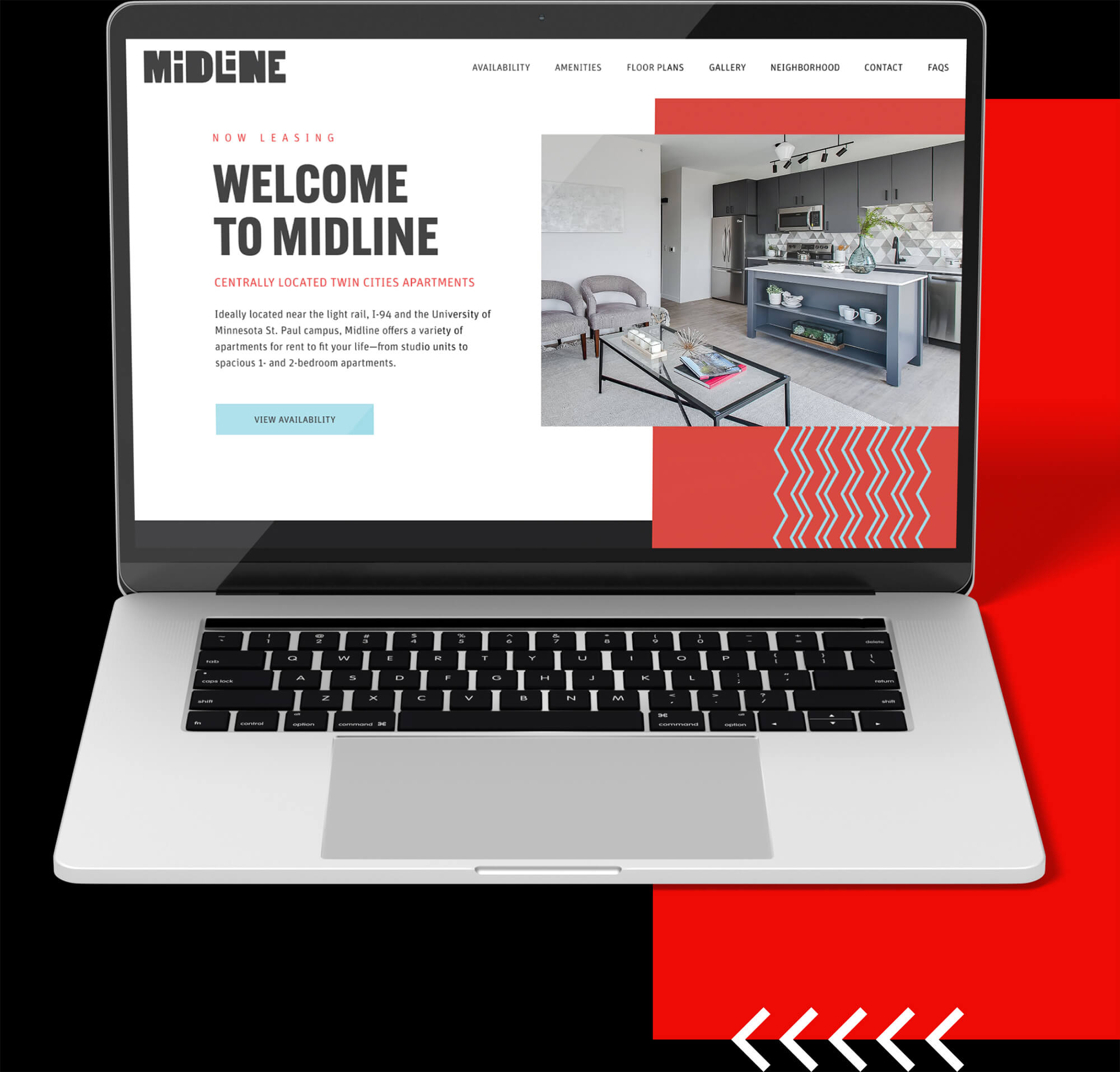 midline apartments website on a laptop with branded elements