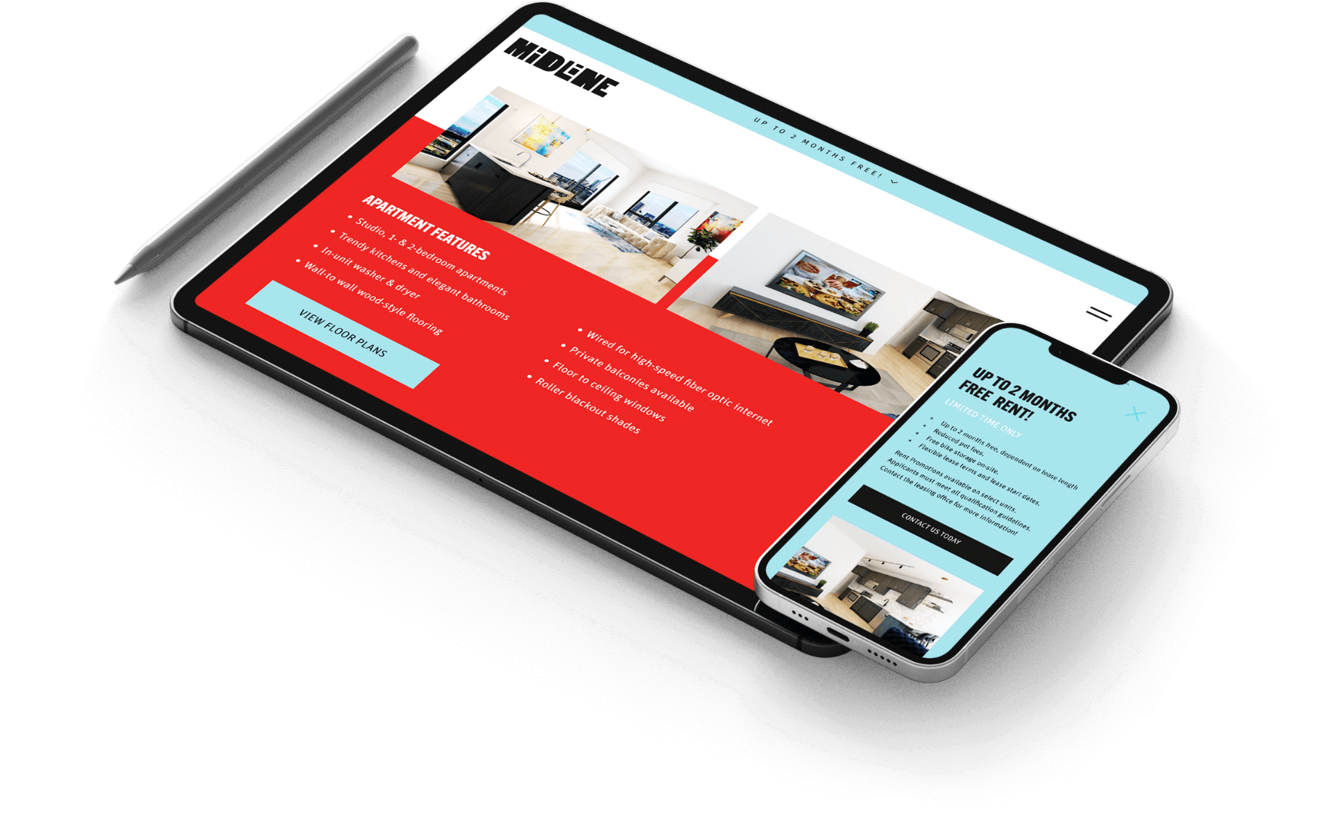 midline apartments website on a tablet
